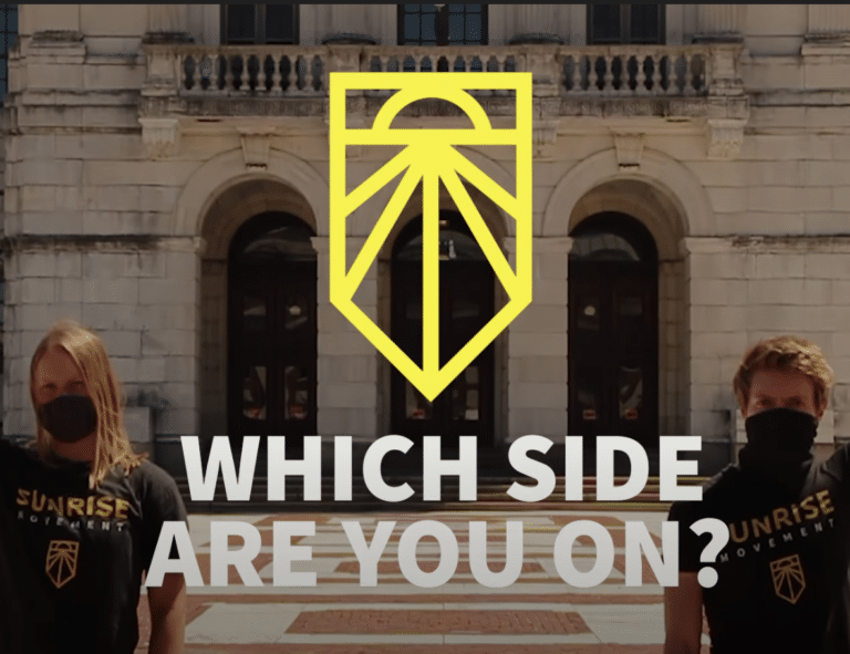 Graphic Displaying Sunrise Movement logo and "Which side are you on?"