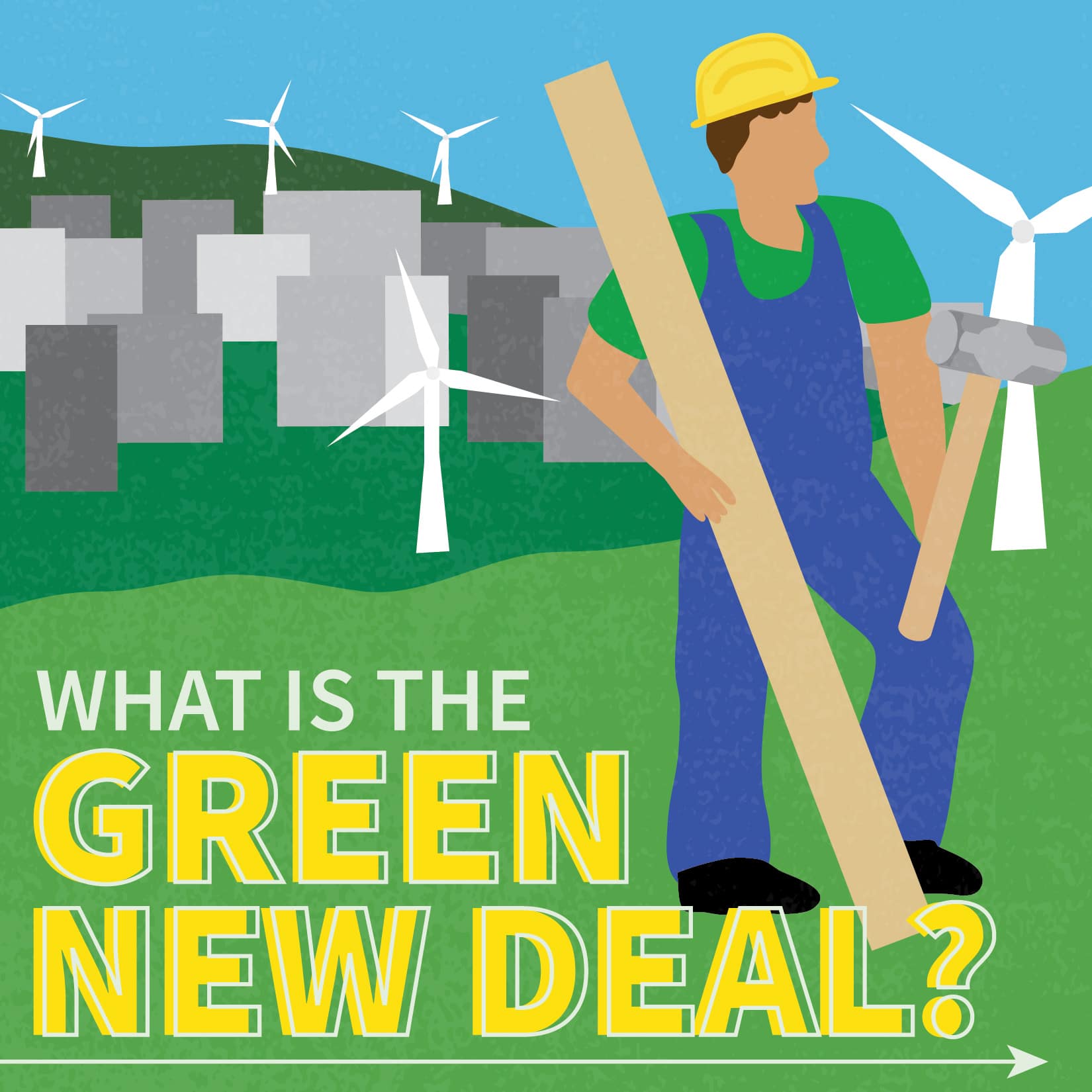 Graphic that reads: What is the Green New Deal? with illustration of city in the background and construction worker up front