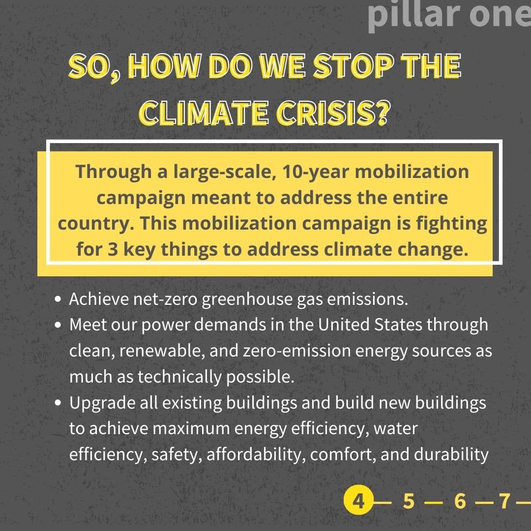 Through a large-scale, 10-year mobilization campaign meant to address the entire country. This mobilization campaign is fighting for 3 key things to address climate change. achieve net-zero greenhouse gas emissions. Meet our power demands in the United States through clean, renewable, and zero-emission energy sources as much as technically possible. Upgrade all existing buildings and build new buildings to achieve maximum energy efficiency, water efficiency, safety, affordability, comfort, and durability