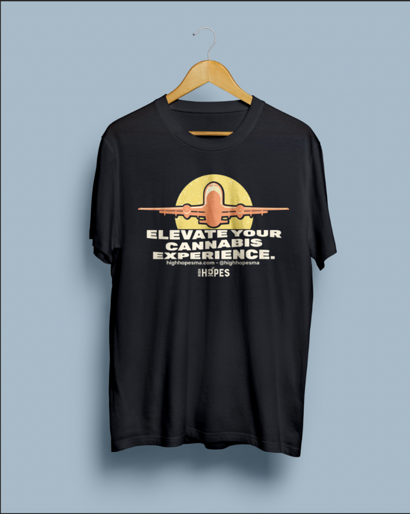 Black shirt that has warped wavy text that reads "elevate your cannabis Experience" Below there is high hopes social media information and logo