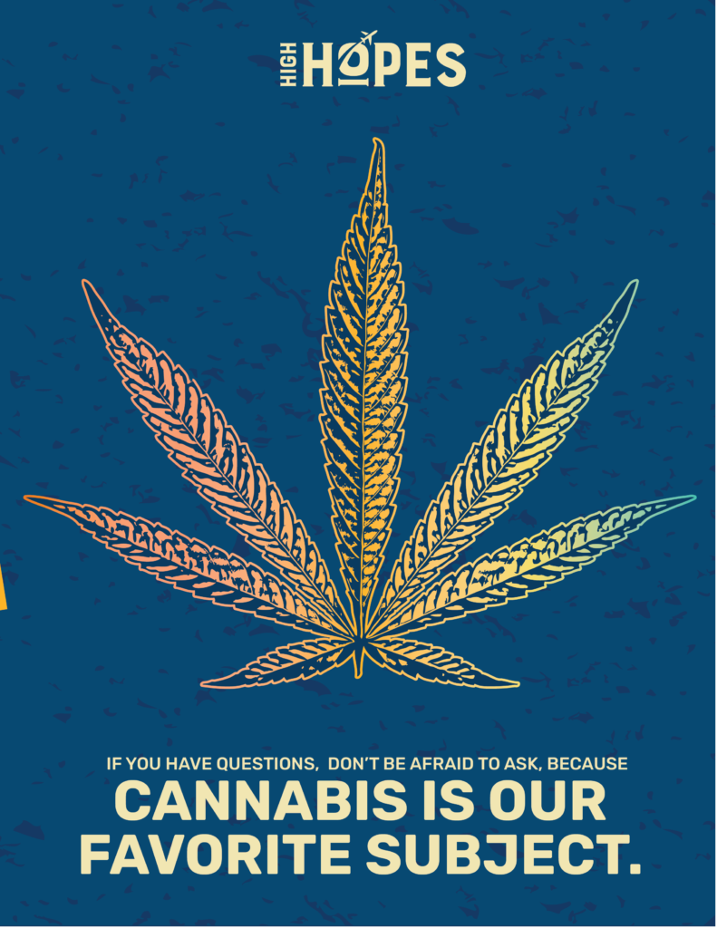 52-inch x 36-inch Poster: High Hopes Cannabis Dispensary logo in the top center. In the center of the poster taking up about two thirds of the page there is a gradient cannabis leaf with a dark blue outline on details. below that reads: "if you have questions, don't be afraid to ask, because cannabis is our favorite subject."